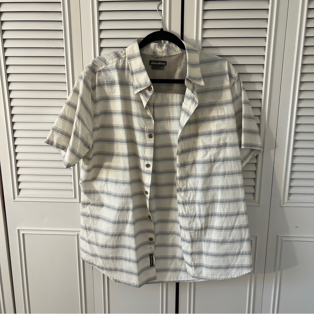 Eddie Bauer White and Blue Casual Button Down Shirt